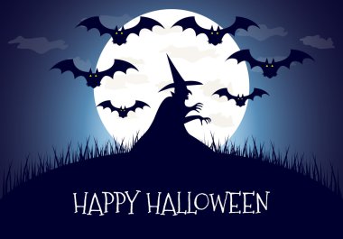 Mutlu Cadılar Bayramı ev mavi arka plan, vektör çizim korkutucu. Cadılar Bayramı partisi.