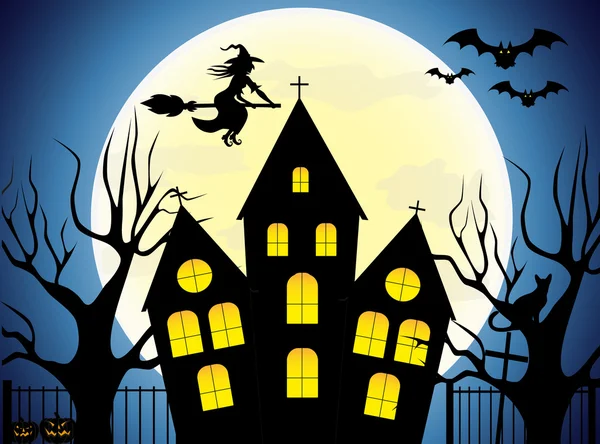 Fröhliche Halloween-Haus beängstigend auf blauem Hintergrund, Vektorillustration. Halloween-Party. — Stockvektor