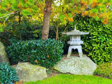 Geleneksel Japon kar manzaralı fener Yukimi-doro granitten oyulmuş, büyük doğal bir kaya tabanında dinleniyor. Çevresi canlı yeşil çalılarla, manikürlü çam ağaçları ve sarı sonbahar yapraklarıyla çevrili, sakin ve uyumlu bir manzara yaratıyor.