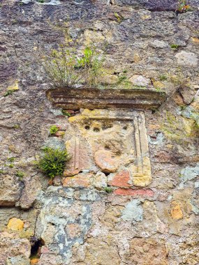 Close-up of a damaged historical stone carving on an old fortress wall. Weathered sandstone texture with green moss and small plants growing from the cracks. Concept of history, decay, and time