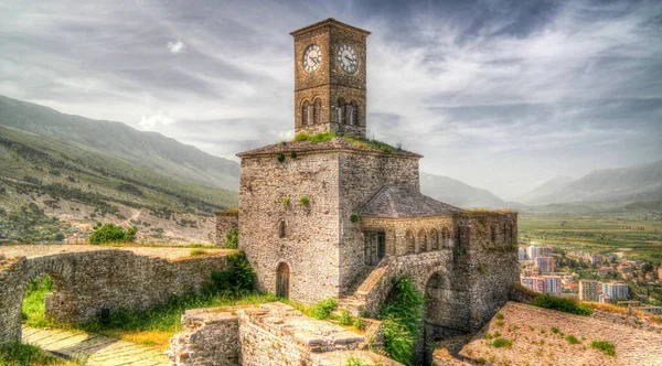 Vista Panorámica Del Castillo Gjirokastra Con Pared Torre Reloj Gjirokaster — Foto de Stock