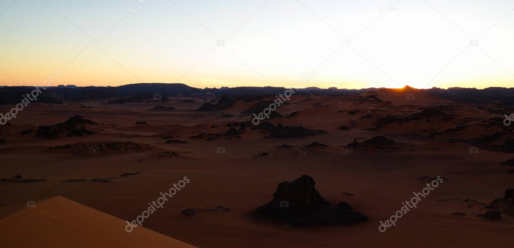 Sunset view to Tin Merzouga dune at Tassili nAjjer national park, Algeria