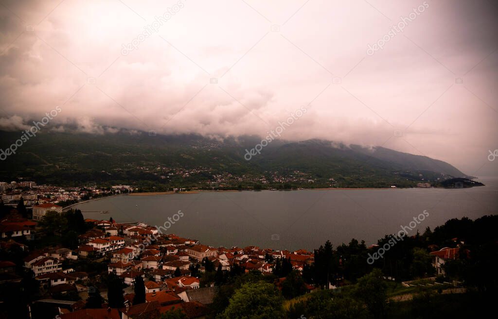 Panoramic aerial view to Ohrid lake and city from Samuels Fortress, Ohrid, , North Macedonia