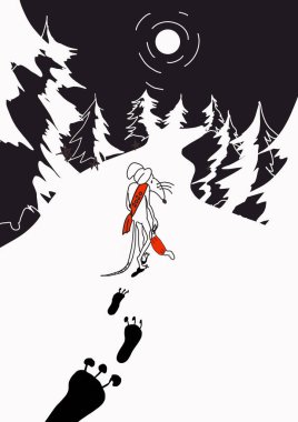 Koruyucu maskeli, yılın sembolü olan üzgün bir sıçan geceleri bir kış ormanı yolunda yürüyor. Ay, karlı yoldaki köknar ağaçlarını aydınlatır. Yeni yıl konsepti kartpostal