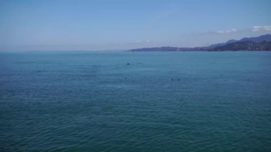 Şehirde deniz kenarındaki yunuslar ve martılar. Ufuktaki dağlar, parlak mavi sular, berrak gökyüzündeki beyaz bulutlar..