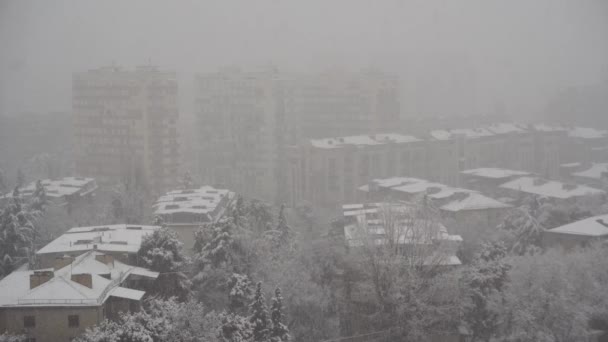 Zware Sneeuwval Stad Sneeuw Bedekt Straten Daken Boomtoppen Sneeuwvlokken Close — Stockvideo