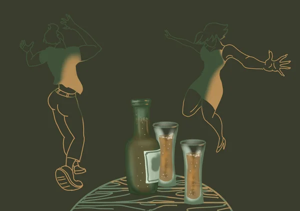 Bir şişe bira ve bir bardak da içki. Dans eden bir çift genç. Alkol partisi, eğlence.