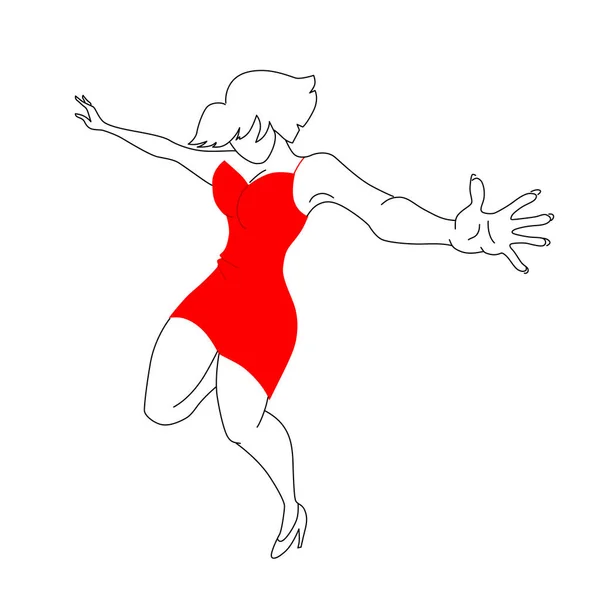 Una Bailarina Descaradamente Vestida Rojo Dibujo Contorno Sobre Fondo Blanco — Vector de stock