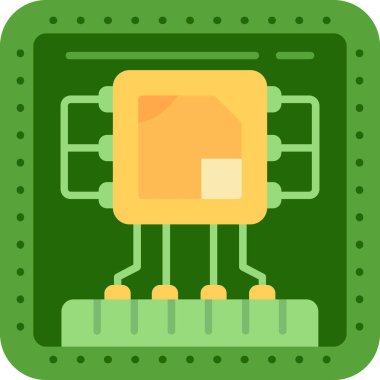 Yeşil devre arkaplanındaki bir mikroçipin renkli dijital çizimi