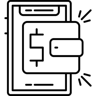 Dijital cüzdanı dolar işareti ile gösteren akıllı telefonun siyah beyaz çizimi