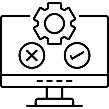 Vites simgesiyle işaretleme ve çapraz simgeleri gösteren bilgisayar ekranının siyah ve beyaz grafiği