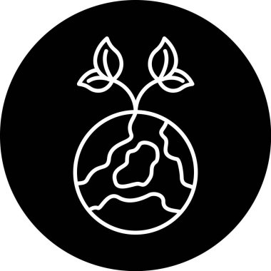 Dünya gezegeninin siyah ve beyaz simgesi. Tepesinden iki yaprak filizleniyor.