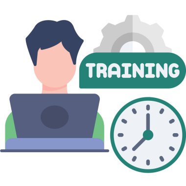 Eğitim sırasında dizüstü bilgisayarda çalışan genç erkek figürünün grafiksel temsili.