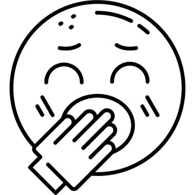 Yuvarlak bir yüzün grafiksel çizimi, elleri ağzı kaplayan, duygularını ifade eden.