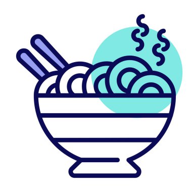 Bir kase spagetti, yemek çubuğu ve buharlı.