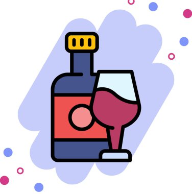 Alkol içeceği ikonu. Masada bir şişe ve bir bardak şarap..