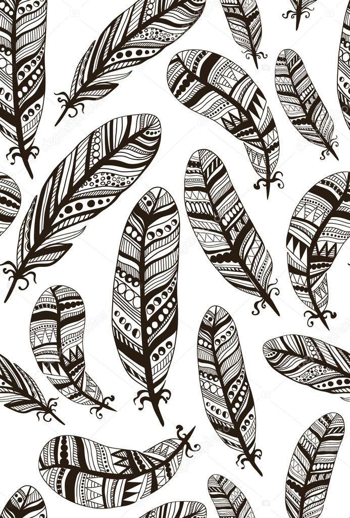 Hand drawn seamless pattern with feathers in ethnic style