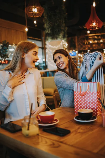 Two best friends sitting in coffee bar or restaurant after shopping and happily talking together. They also show each other the clothes they bought.
