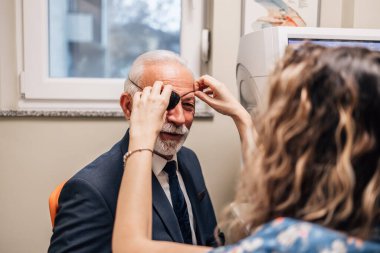 Optalmoloji tedavisi gören zarif yaşlı sakallı adam. Doktor göz doktoru gözlerini modern ekipmanlarla kontrol ediyor..