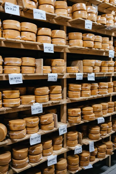 Interior shot of cheese and dairy products factory storage or warehouse.