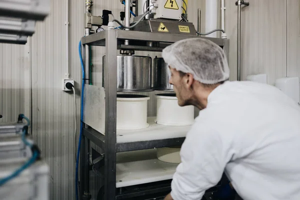 奶酪和牛奶生产厂的体力劳动者 欧洲传统手工制作的健康食品制造业 — 图库照片