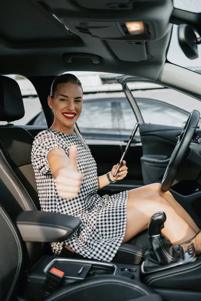 Beautiful Young Woman Working Used Car Seller She Using Digital —  Fotos de Stock