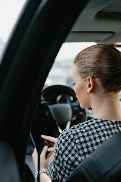 Beautiful Young Woman Working Used Car Seller She Using Digital —  Fotos de Stock