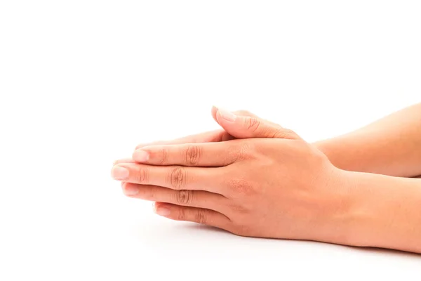 Руки женщины молятся на белом фоне, религия концепции — стоковое фото