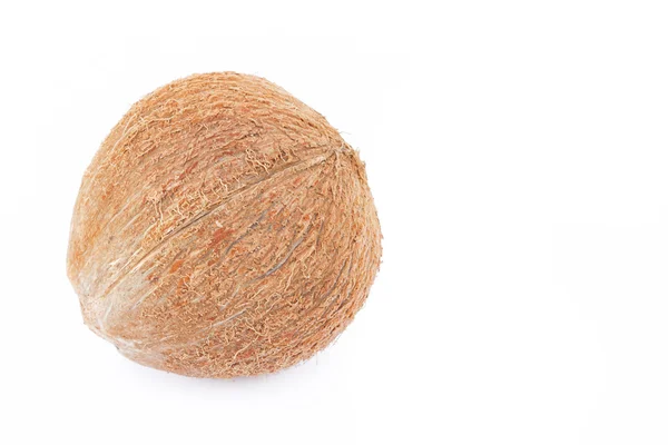 Closeup brown coconut shell on a white background, raw material for milk and coconut oil — Stock Photo, Image