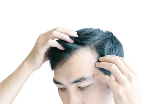 Young Man Serious Hair Loss Problem Health Care Medical Shampoo — Stock Photo, Image