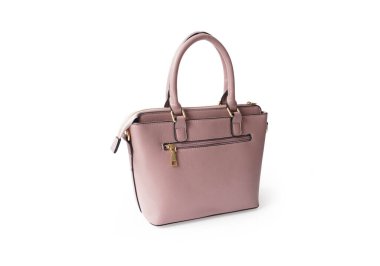 Beyaz arka planda pembe kadın çantası, moda ve aksesuarlar.