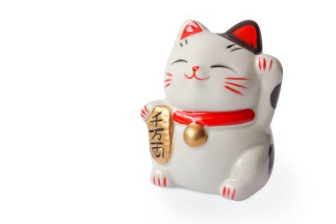 Maneki neko şanslı kedi beyaz zemin üzerinde zengin anlamına gelen metni göster, odak seçin