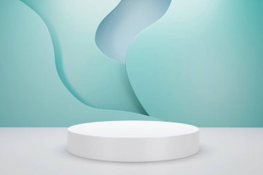 Ürün reklamları için yeşil bulut pastel arka planlı 3D beyaz podyum çizimi