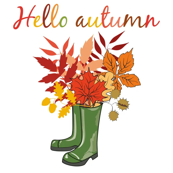 Rubber boots with bouquet of autumn leaves. — Stock Vector