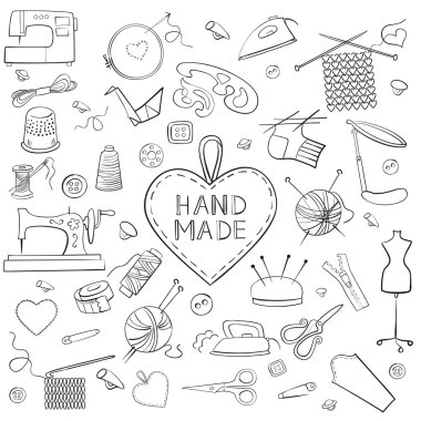 Örgü, dikiş ve iğne işi simgeler kümesi. 