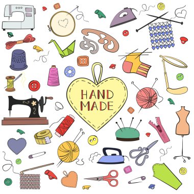 Örgü, dikiş ve iğne işi simgeler kümesi. 