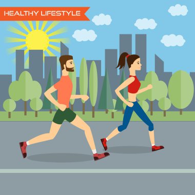 Genç adam ve genç kadın fitness koşucular şehir arka plan üzerinde.