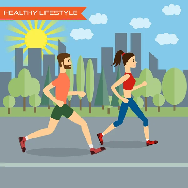 Young man and young woman fitness runners on city background. — Stock Vector