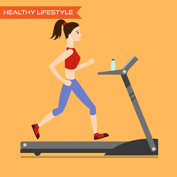 Young woman running on treadmill. — Stock Vector