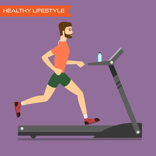 Young man running on treadmill. — Stock Vector