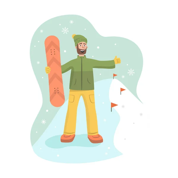 Kreskówkowy Snowboardzista Ośrodku Narciarskim Ilustracja Wektora — Wektor stockowy