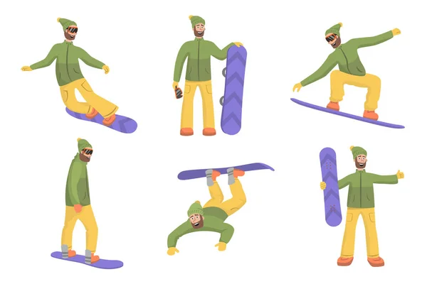Kayak Merkezinde Farklı Pozlardaki Snowboardcular Vektör Illüstrasyonu — Stok Vektör