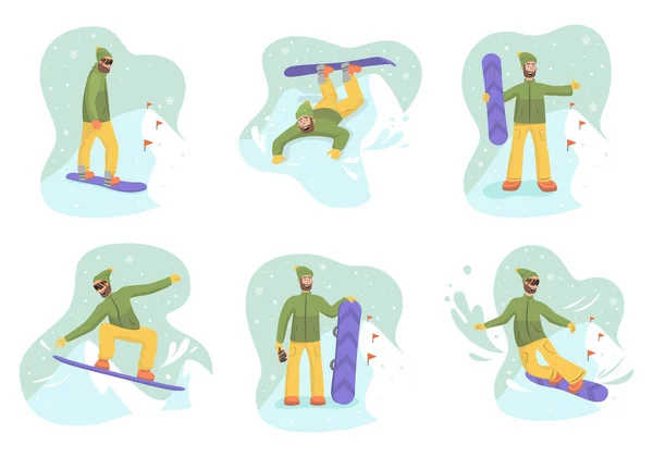 Set Snowboarders Dalam Pose Yang Berbeda Resor Ski Ilustrasi Vektor - Stok Vektor