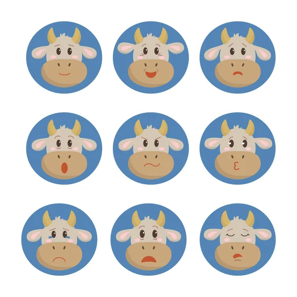Set Emozioni Dei Cartoni Animati Faccia Mucca Personaggio Simbolo Del — Vettoriale Stock
