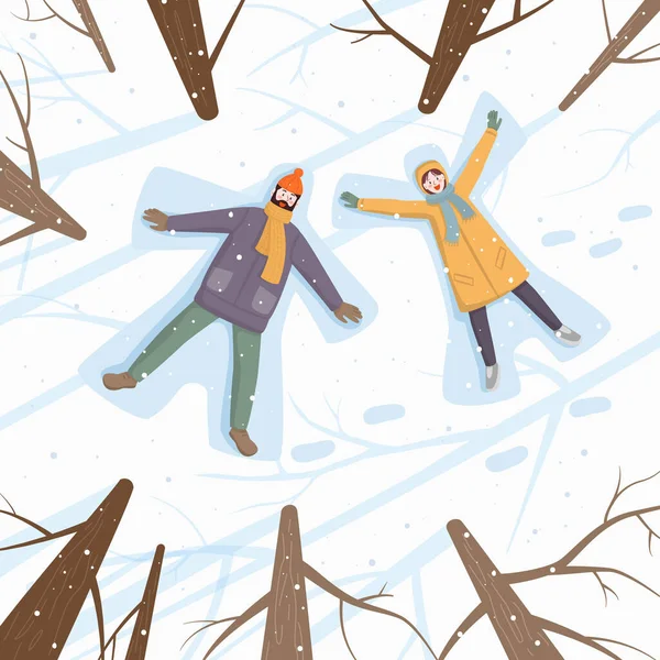 Šťastný Pár Mladých Lidí Dělá Sněžného Anděla Sněhu Vektorová Ilustrace — Stockový vektor
