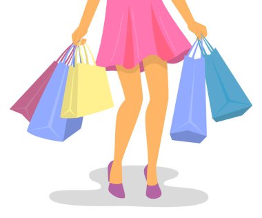 Alışveriş çantalı genç bir kadın. Vektör illüstrasyonu.