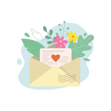 Zarfı bir mektup ve çiçeklerle aç. Vektör illüstrasyonu.