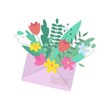 Çiçekli zarfı aç. Vektör illüstrasyonu.