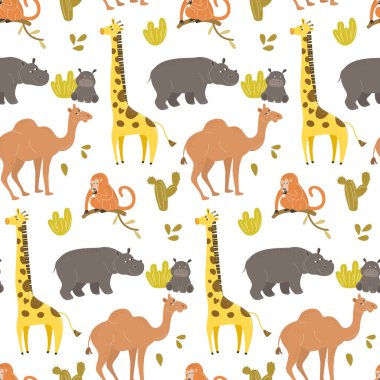 Çizgi filmlerdeki sevimli hayvanların kusursuz desenleri. vektör illüstrasyonu.