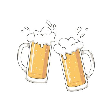 İki bira bardağı, tost ve bira köpüğü. Vektör illüstrasyonu.